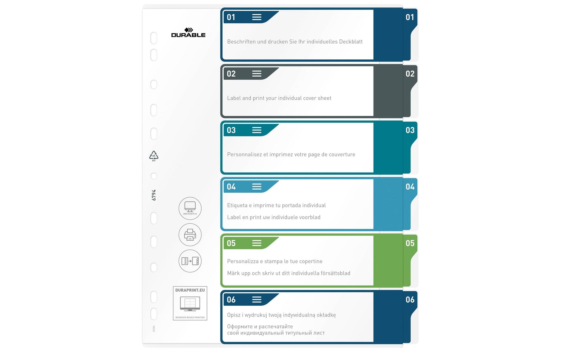 Durable Register A4+ Überbreit – Blanko 1–6, PP Mehrfarbig, Universallochung, Transparentes Frontblatt