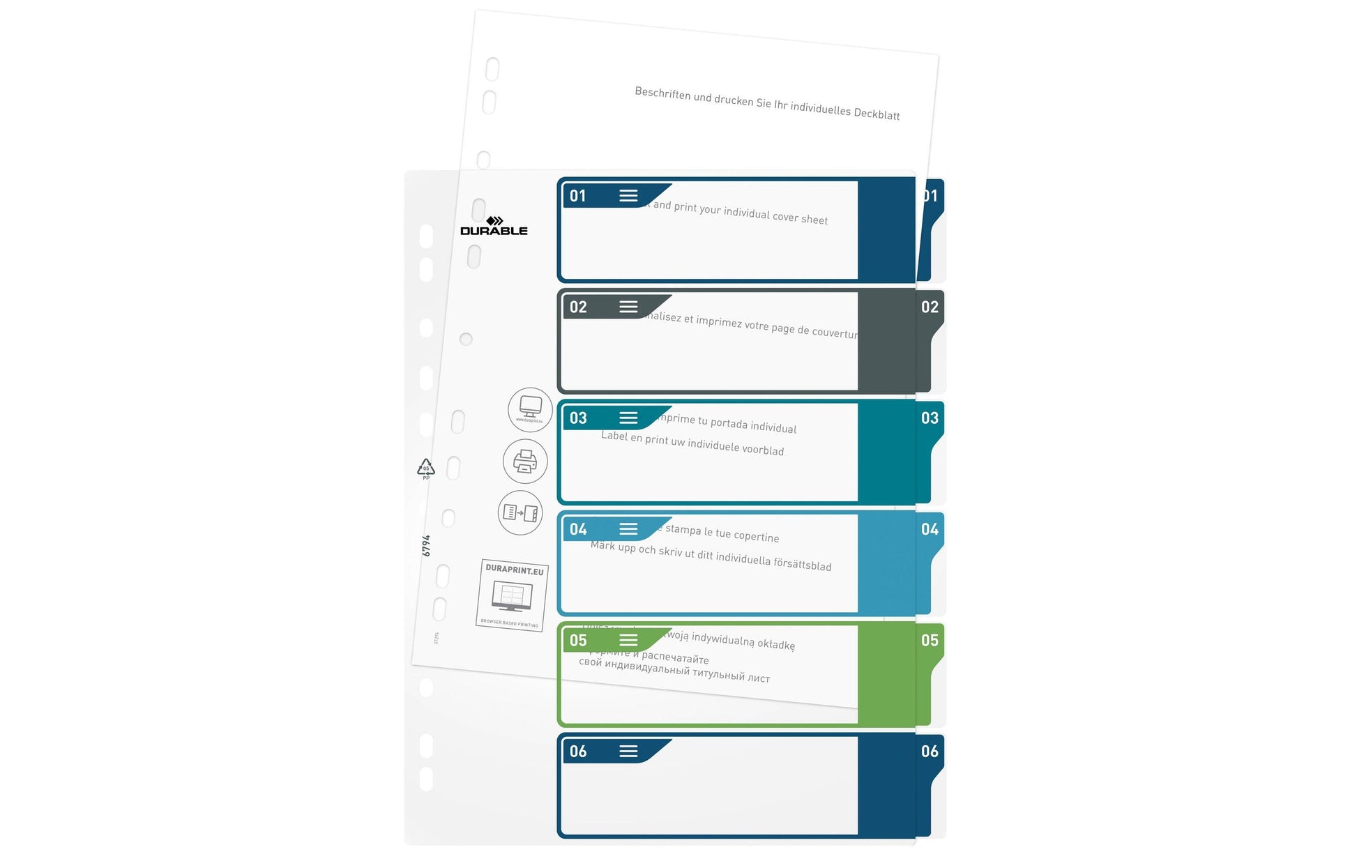 Durable Register A4+ Überbreit – Blanko 1–6, PP Mehrfarbig, Universallochung, Transparentes Frontblatt