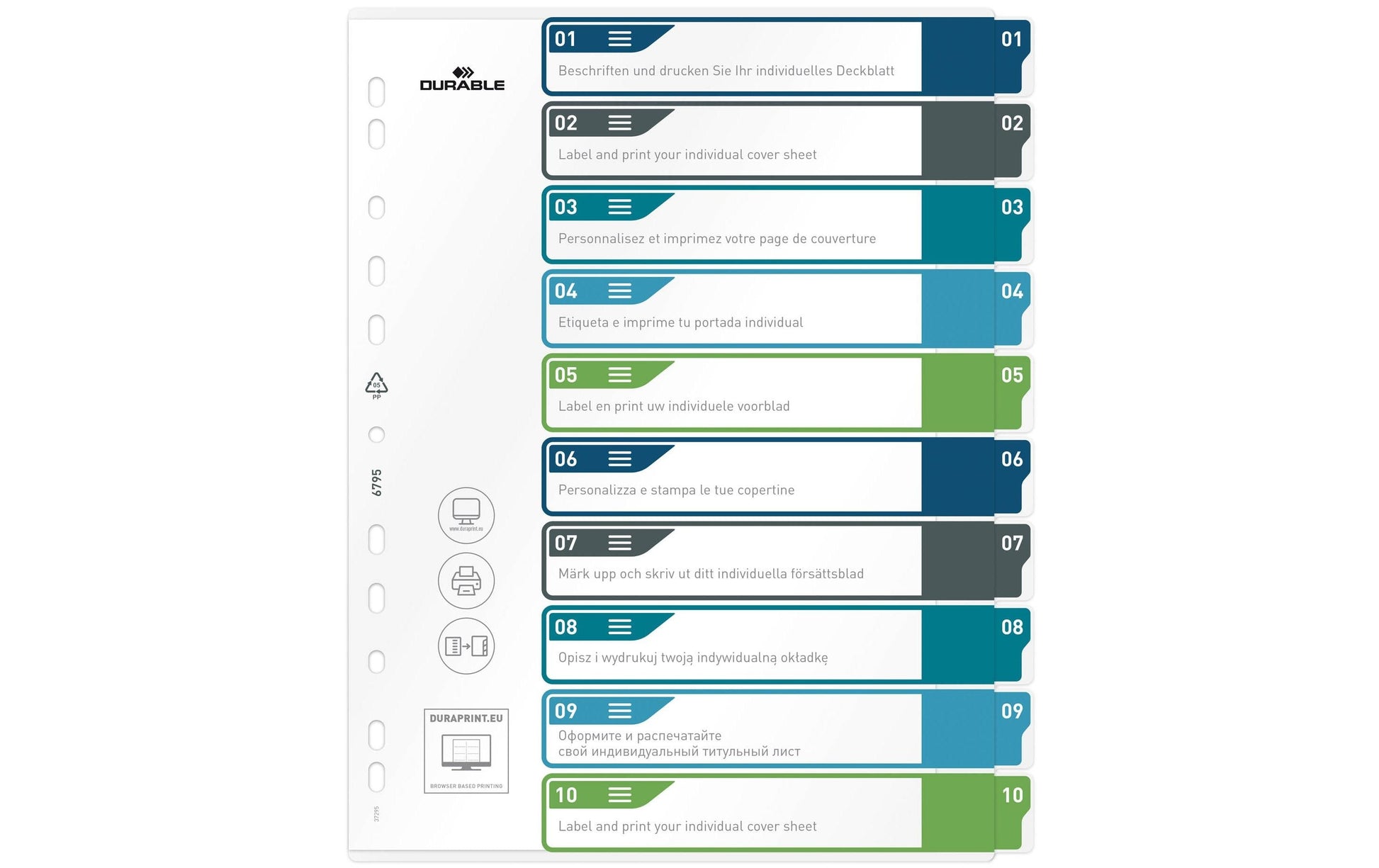 Durable Register A4+ Überbreit Hoch – Nummeriert 1–10, 10 Taben, Mehrfarbiges PP, mit Indexblatt