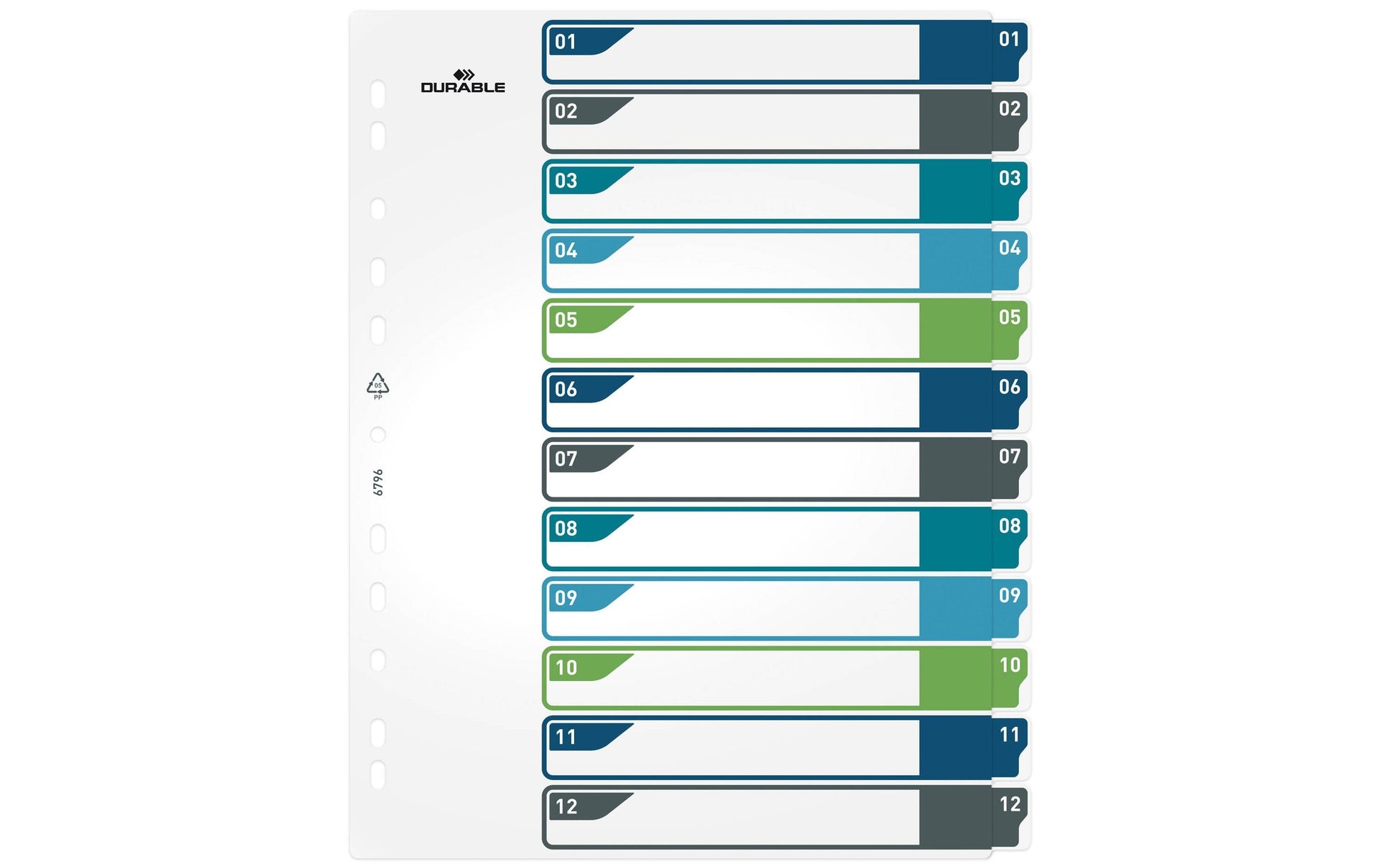 Durable Register A4+ Überbreit – Nummeriert 1–12, 12 Taben, PP, Mehrfarbig, mit Indexblatt, Universallochung