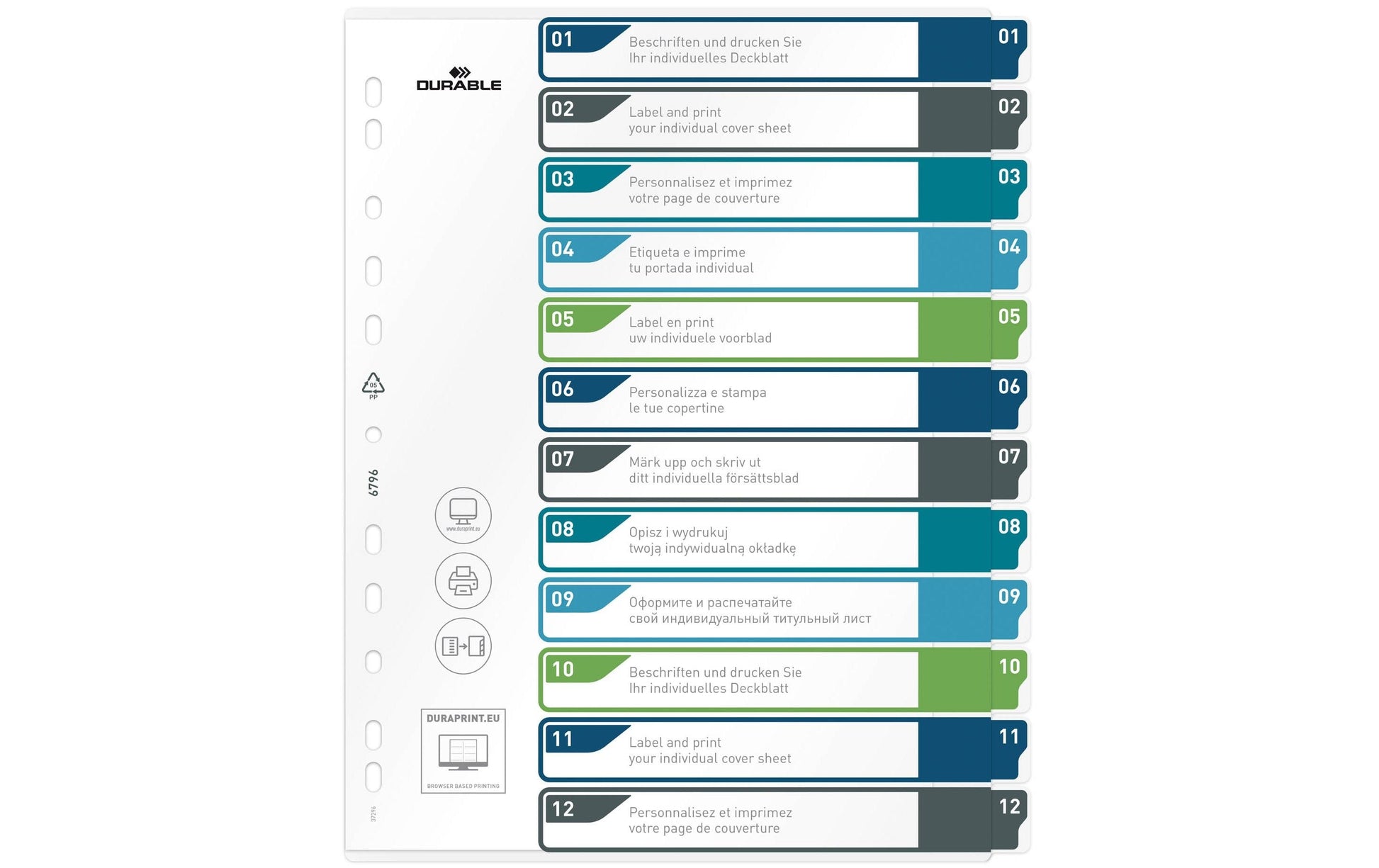 Durable Register A4+ Überbreit – Nummeriert 1–12, 12 Taben, PP, Mehrfarbig, mit Indexblatt, Universallochung