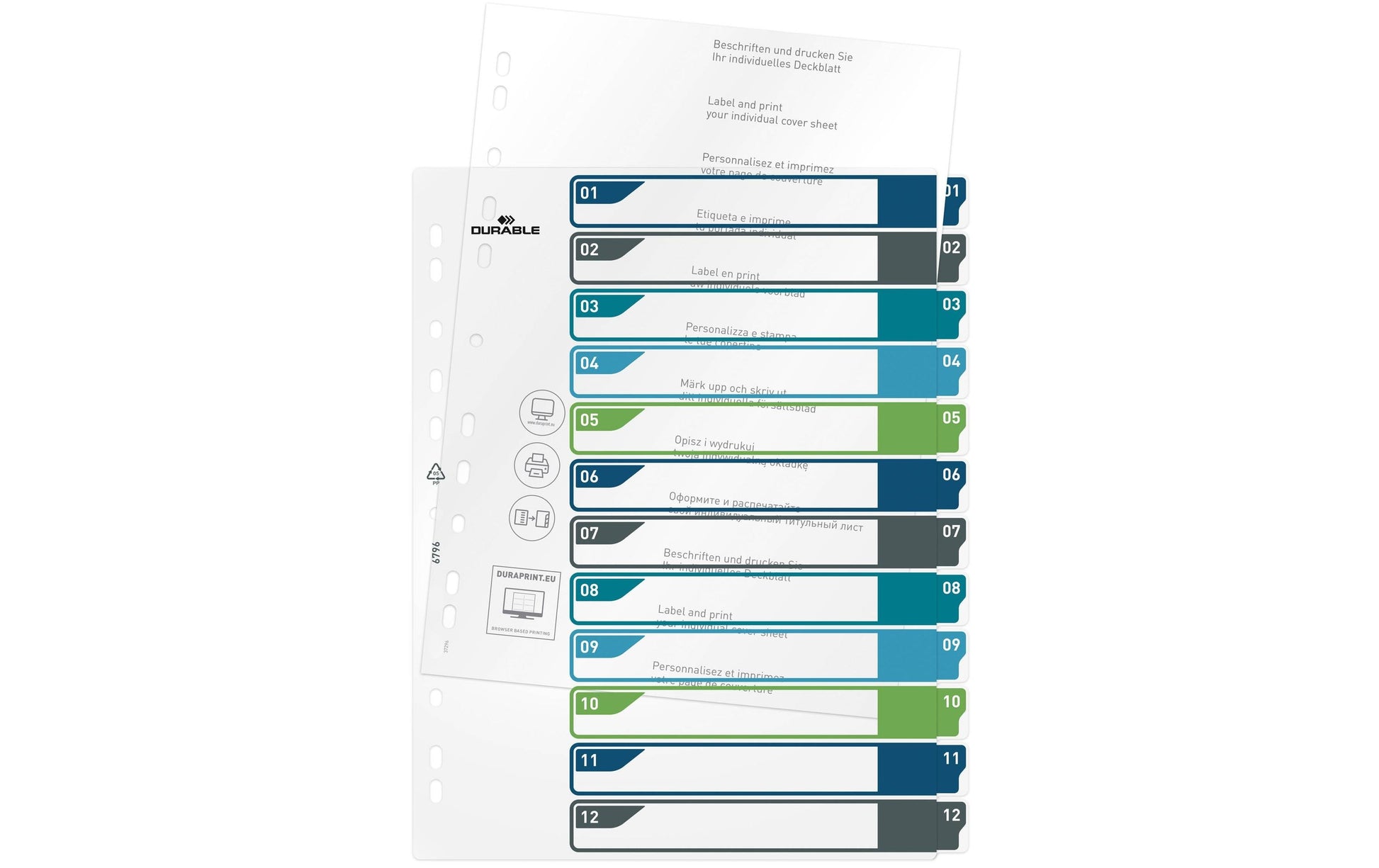 Durable Register A4+ Überbreit – Nummeriert 1–12, 12 Taben, PP, Mehrfarbig, mit Indexblatt, Universallochung