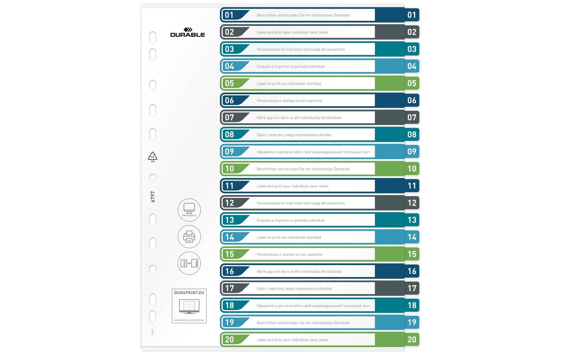 Durable Register – A4+, 20-teilig, PP, farbig, unbedruckt, überbreit