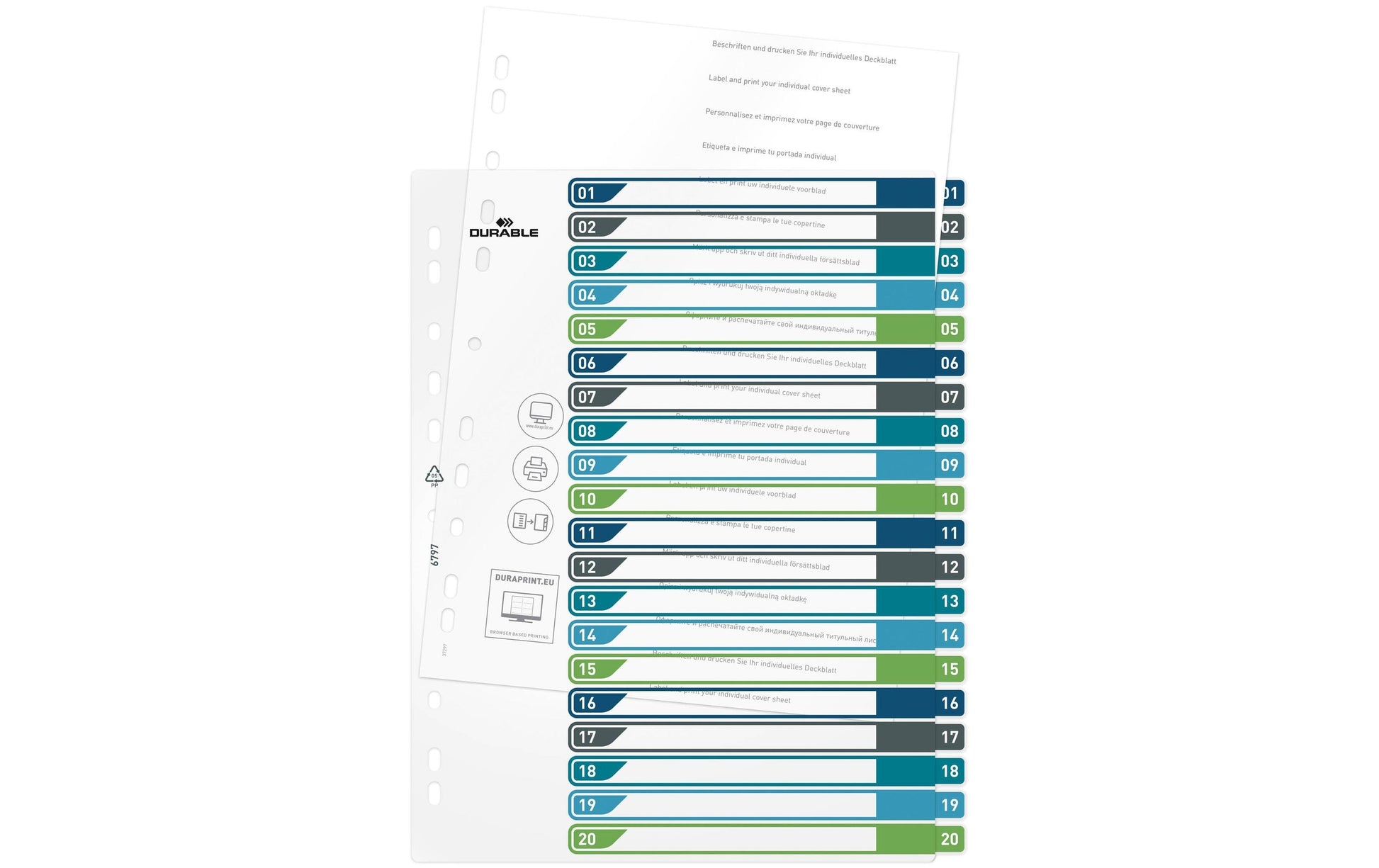 Durable Register – A4+, 20-teilig, PP, farbig, unbedruckt, überbreit