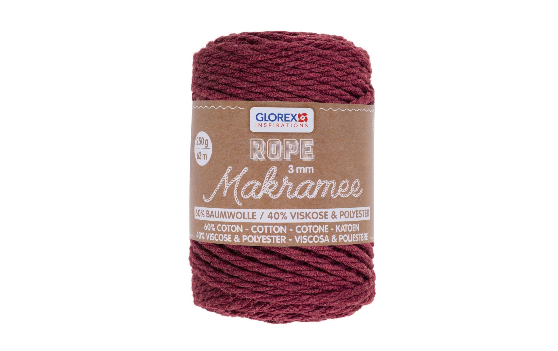 GLOREX Gedrehte Makramee-Kordel Bordeaux – Ø 3 mm, 259 g, 63 m, Wolle, 1 Stk.