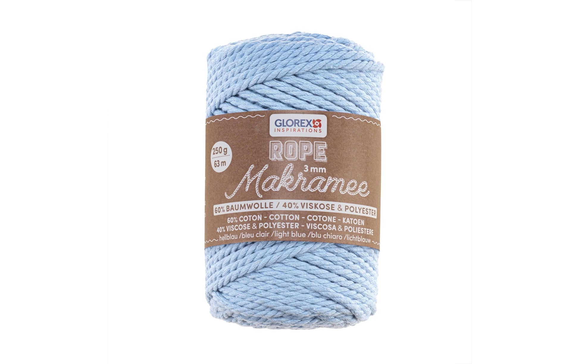 GLOREX Makramee-Schnur, gedreht, Wolle, Hellblau, Ø 3 mm × 63 m, 250 g, 1 Stk.