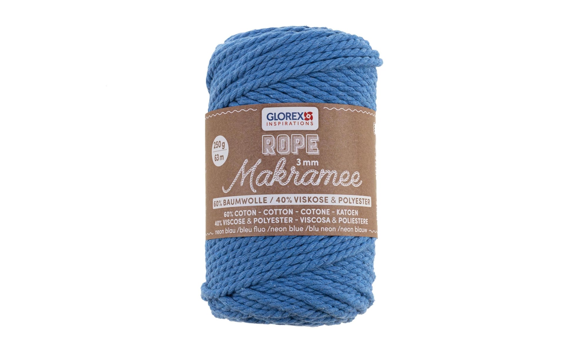GLOREX Bastband (Papierbast), gedreht, Wolle, Neonblau, Ø 3 mm × 63 m, 250 g, 1 Stk.