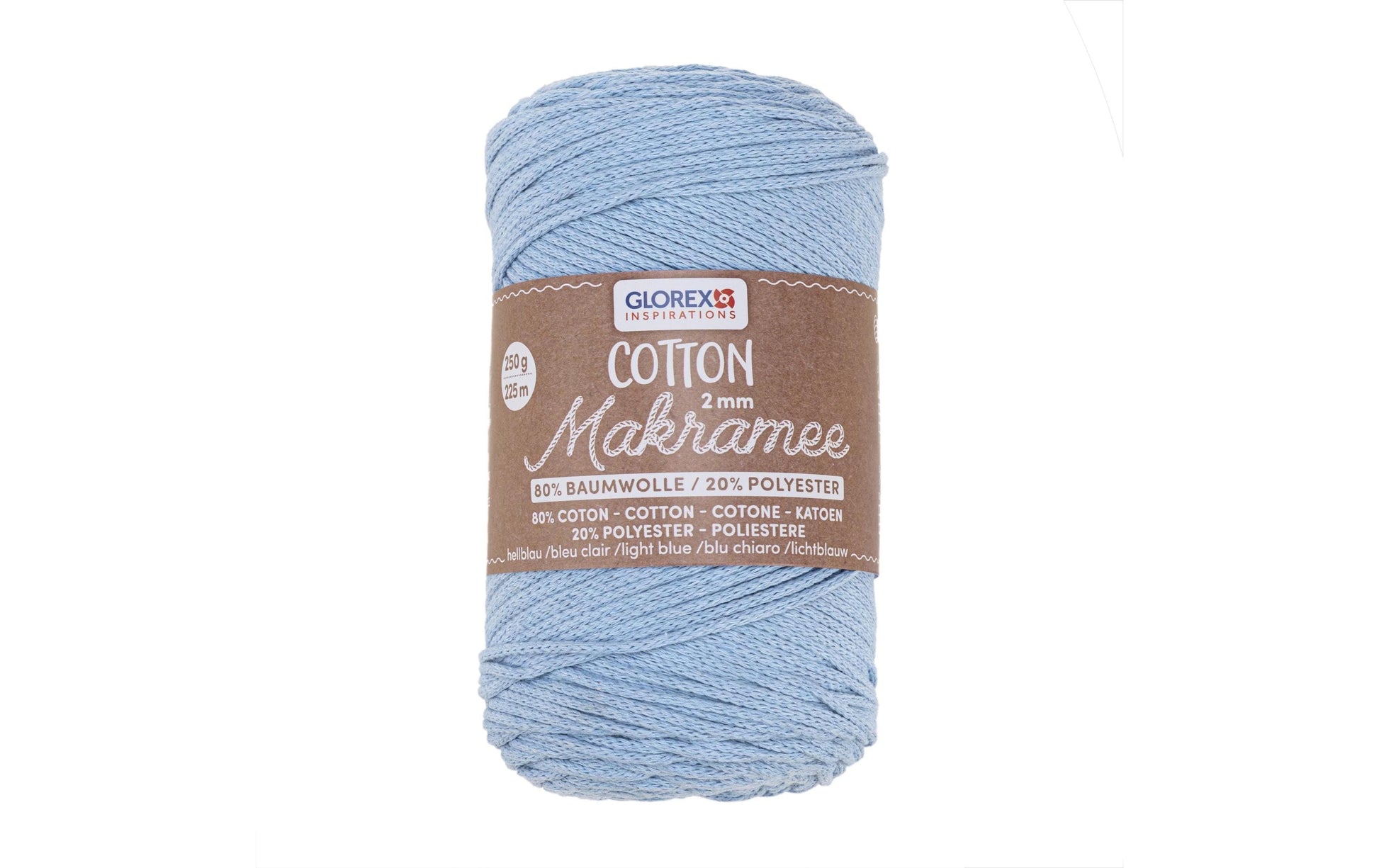 Glorex Cotton Makramee-Kordel Hellblau – Ø 2 mm, 250 g, 225 m, 80% Baumwolle/20% Viskose, 1 Stk.
