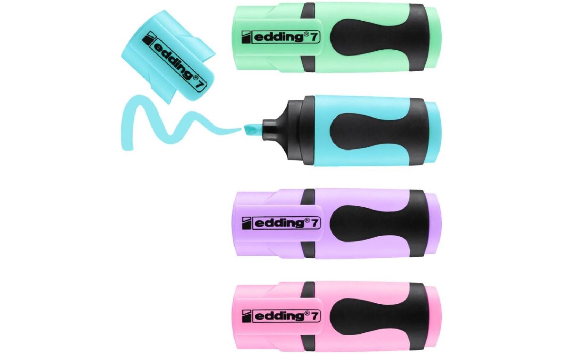 Edding 7 Mini Textmarker – 4er Set, Farben: Hellblau/Hellgrün/Hellrosa …, Keilspitze 1–3 mm