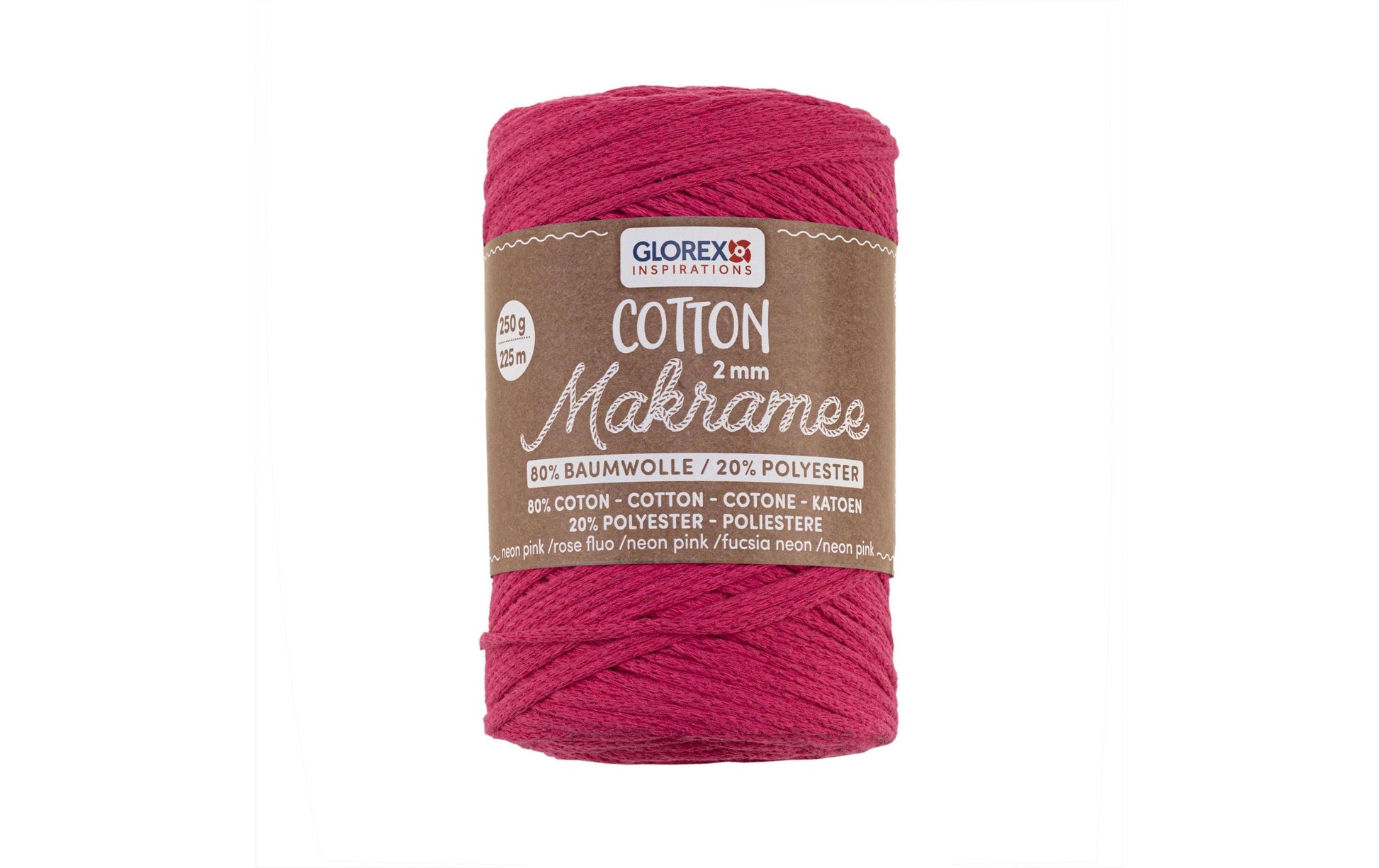 GLOREX Makramee Baumwolle Makramee-Kordel Neonpink – Ø 2 mm, 250 g, 225 m, Baumwolle/Polyester