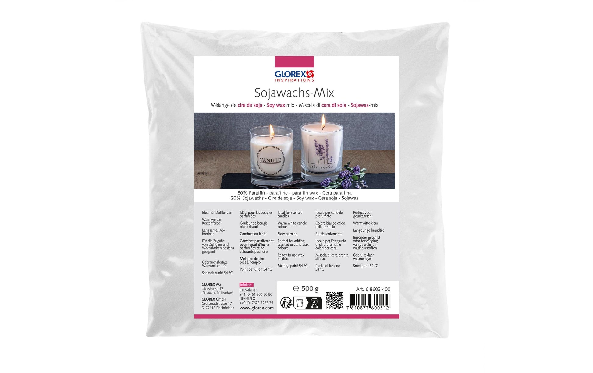 GLOREX Wachs, Sojawachs-Mix (20 % Sojawachs, 80 % Paraffin), Weiss, 500 g, 1 Stk., 6 8603 400