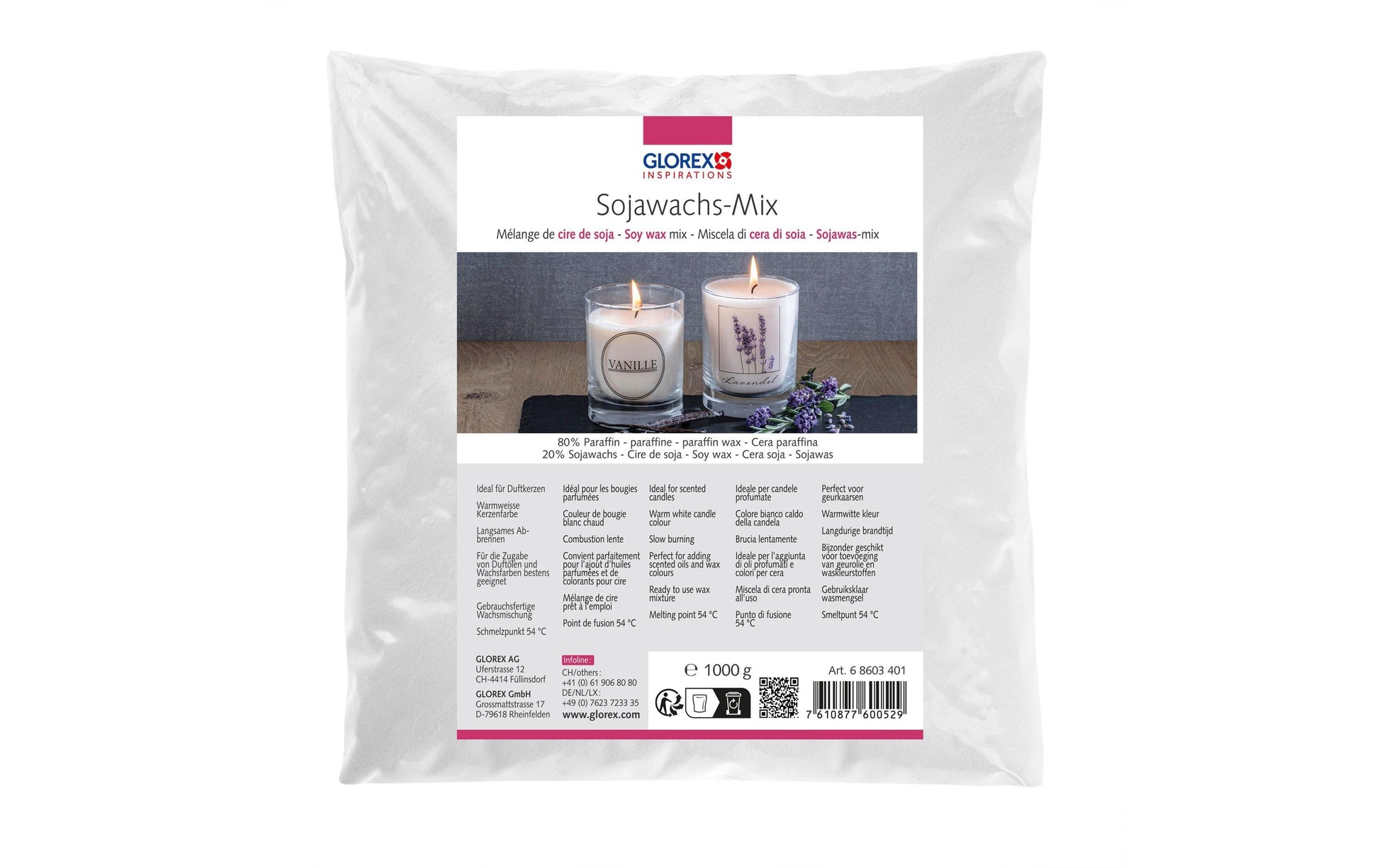 GLOREX Wachs, 20% Sojawachs, 80% Paraffin, Weiss, 1 kg, 1 Stk.