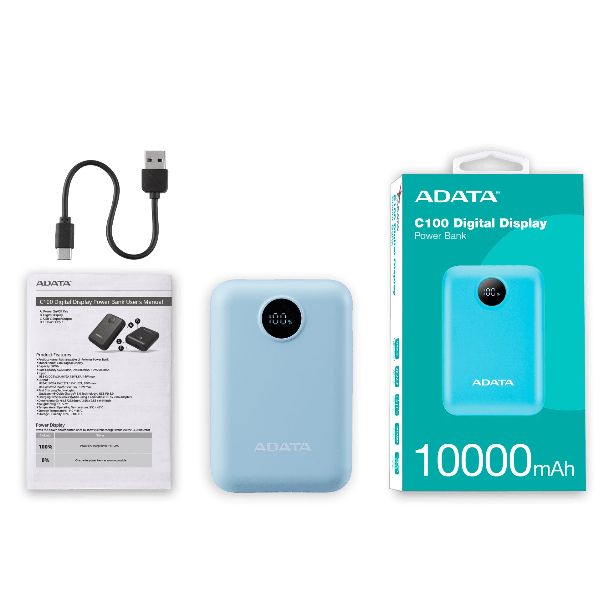 ADATA Powerbank – 10'000 mAh, Hellblau