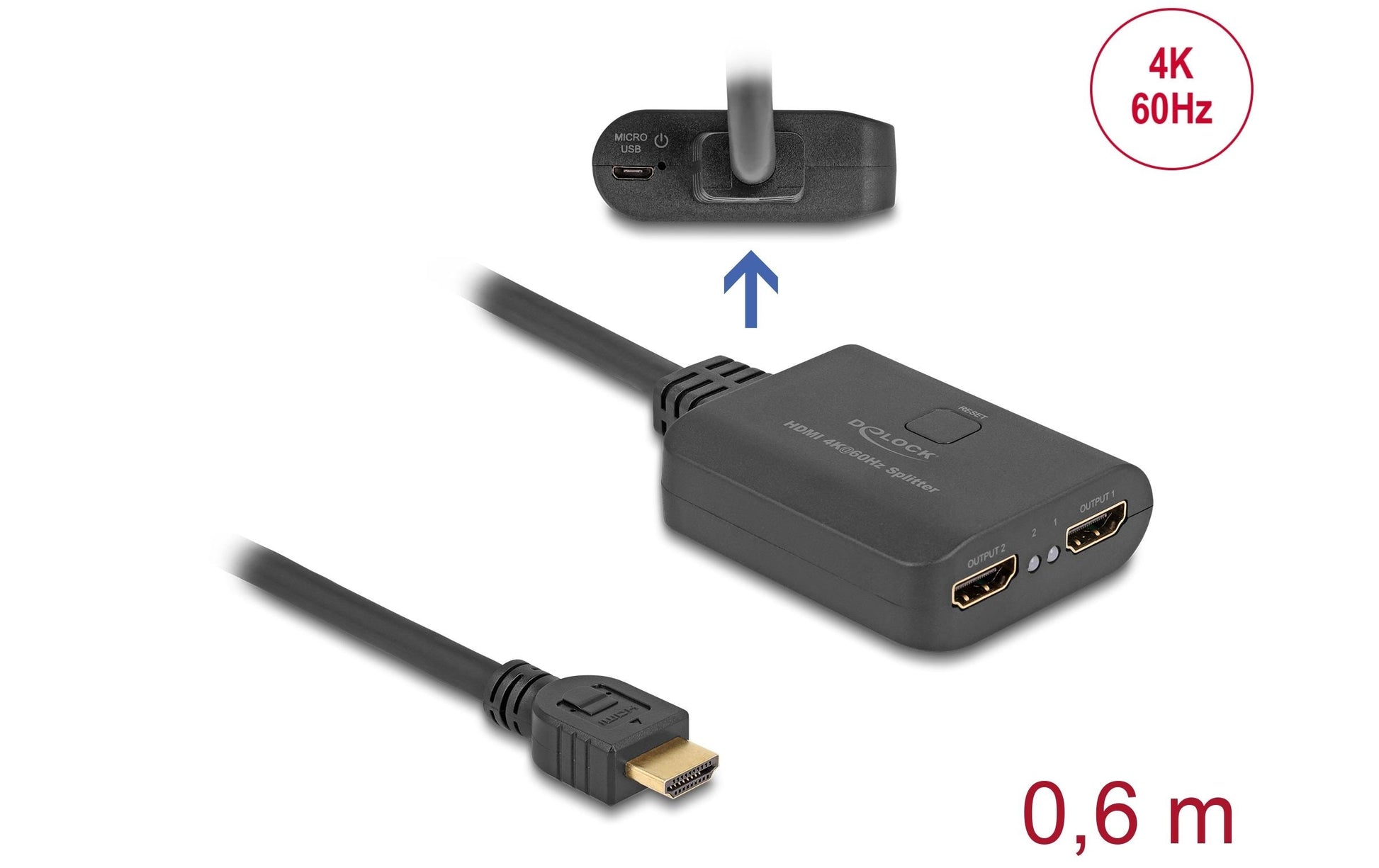 DeLOCK HDMI Splitter 1× HDMI zu 2× HDMI – 4K (3840 × 2160) @ 60 Hz, HDR, HDCP 1.4/2.2, 0,6 m – Schwarz
