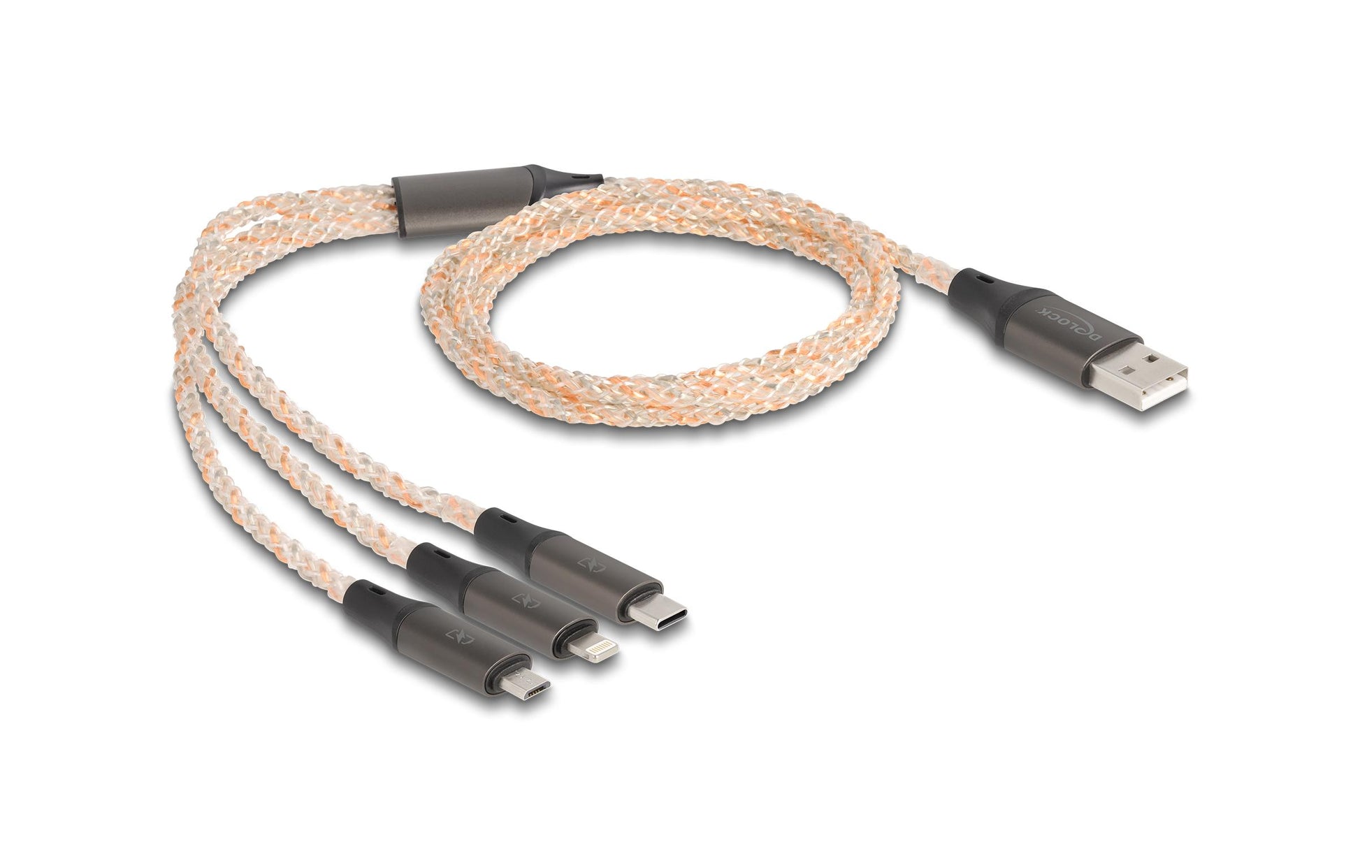 DeLOCK Multi-Kabel – 3-in-1 USB-A auf USB-C/Micro-USB/Lightning 1,2 m, leuchtend – für iPhone/Android