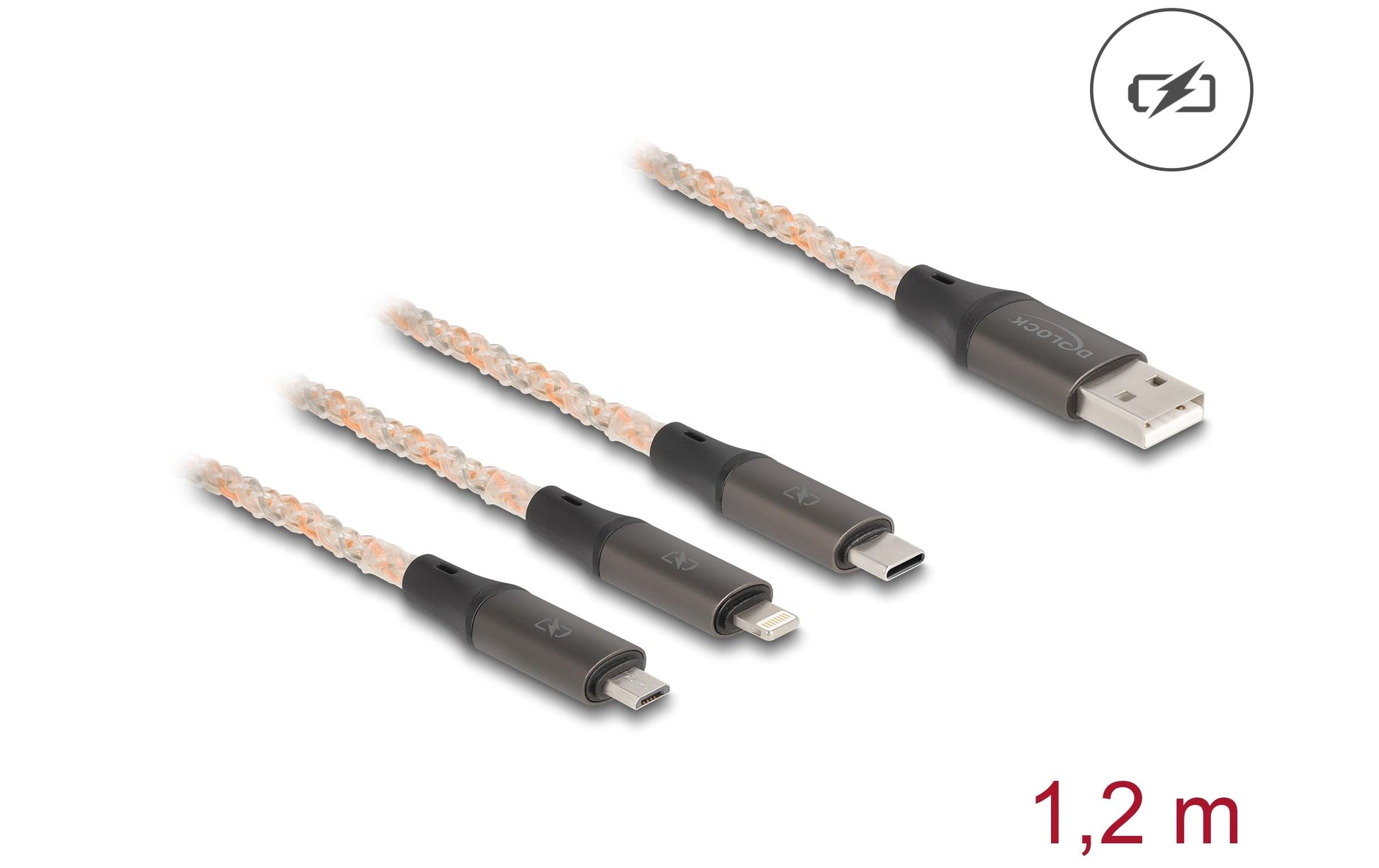 DeLOCK Multi-Kabel – 3-in-1 USB-A auf USB-C/Micro-USB/Lightning 1,2 m, leuchtend – für iPhone/Android