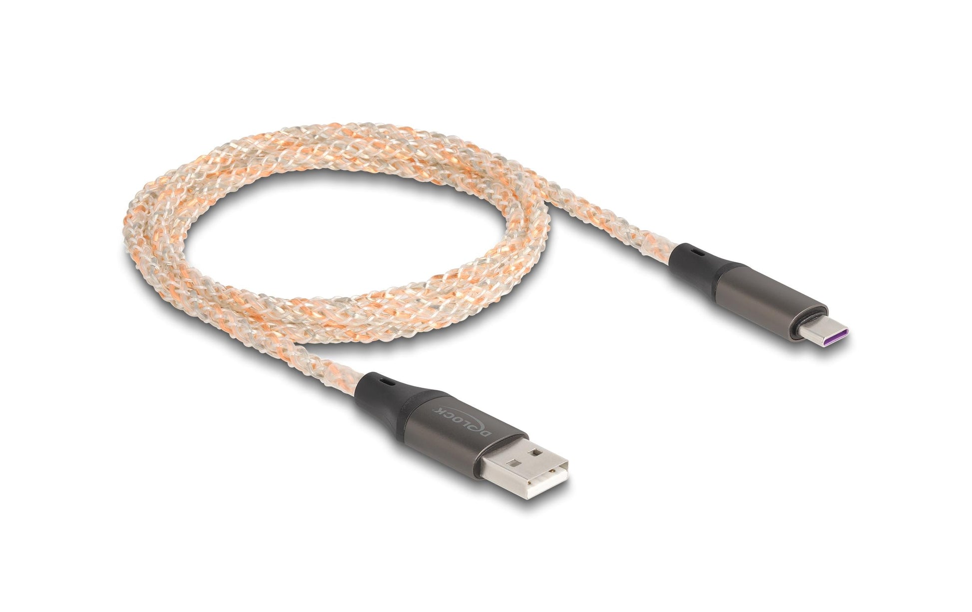 DeLOCK USB-A auf USB-C Kabel – USB 2.0 (480 Mbit/s) – 1 m – RGB-Beleuchtung, Goldstecker – Transparent