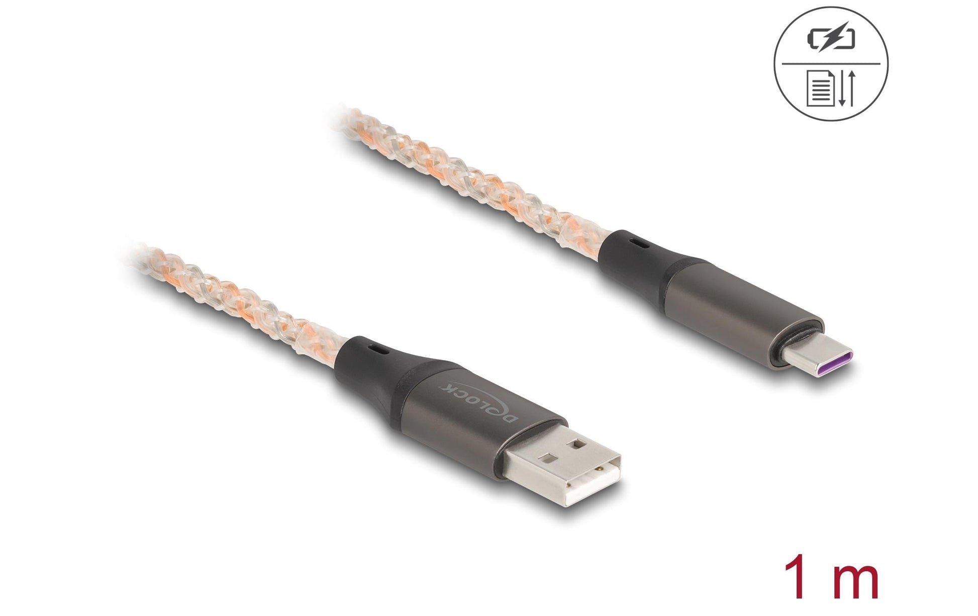 DeLOCK USB-A auf USB-C Kabel – USB 2.0 (480 Mbit/s) – 1 m – RGB-Beleuchtung, Goldstecker – Transparent