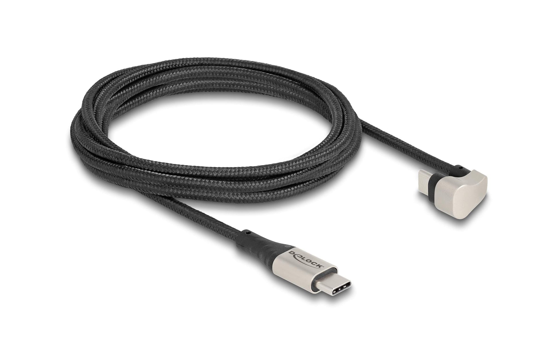 DeLOCK USB-C auf USB-C Kabel – USB 2.0 (480 Mbit/s) – 2 m – PD 60 W – Abgewinkelt, Textilmantel – Schwarz