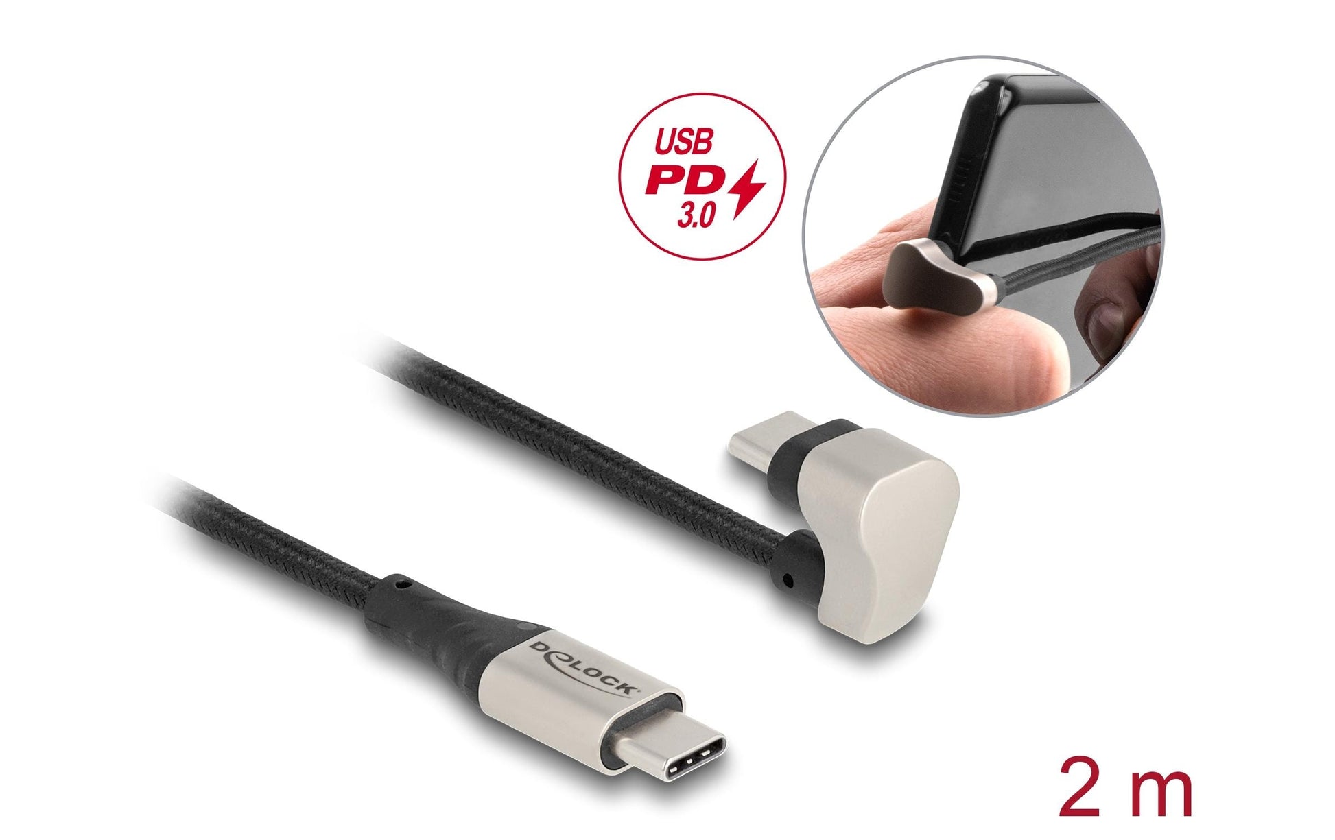 DeLOCK USB-C auf USB-C Kabel – USB 2.0 (480 Mbit/s) – 2 m – PD 60 W – Abgewinkelt, Textilmantel – Schwarz