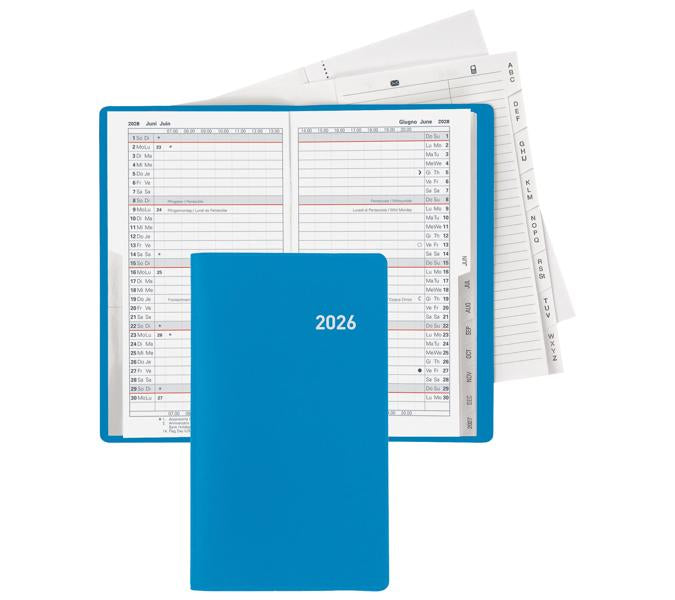 Biella Luzern Agenda – 1 Monat/2 Seiten, geheftet, 8,7 × 15,3 cm, 15 Monate Okt–Dez, 2026, blau, PEFC