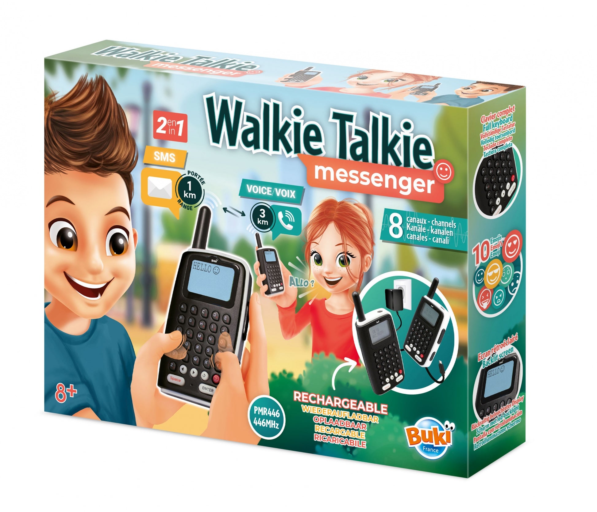 Buki Walkie-Talkie Messenger – wiederaufladbar, inkl. Akkus – 2 Stück – ab 7 Jahren – schwarz/weiss