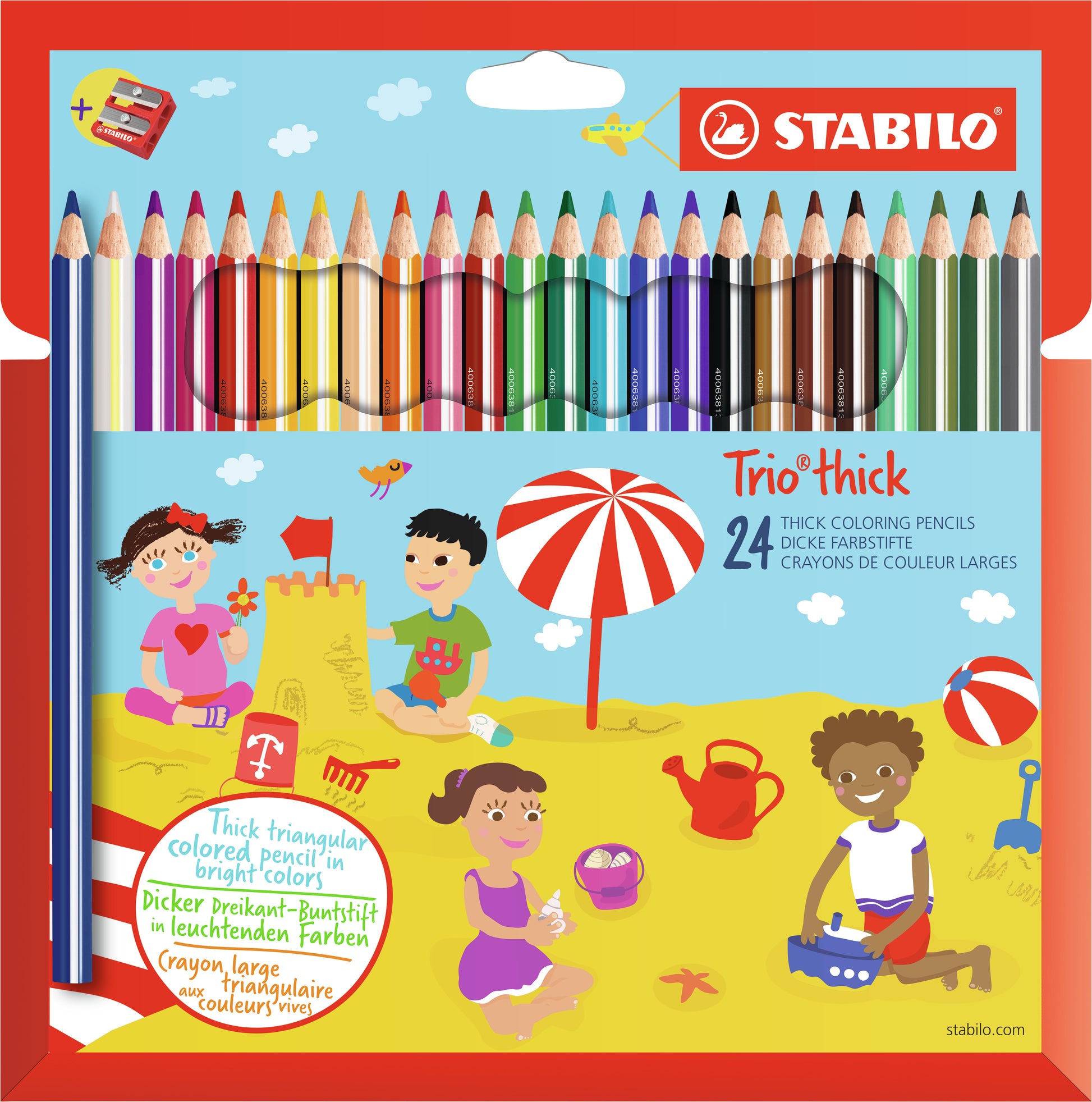 STABILO Buntstift Trio dick Mehrfarbig 24er Etui – mit Spitzer, dreikant, Strichbreite 4,2 mm