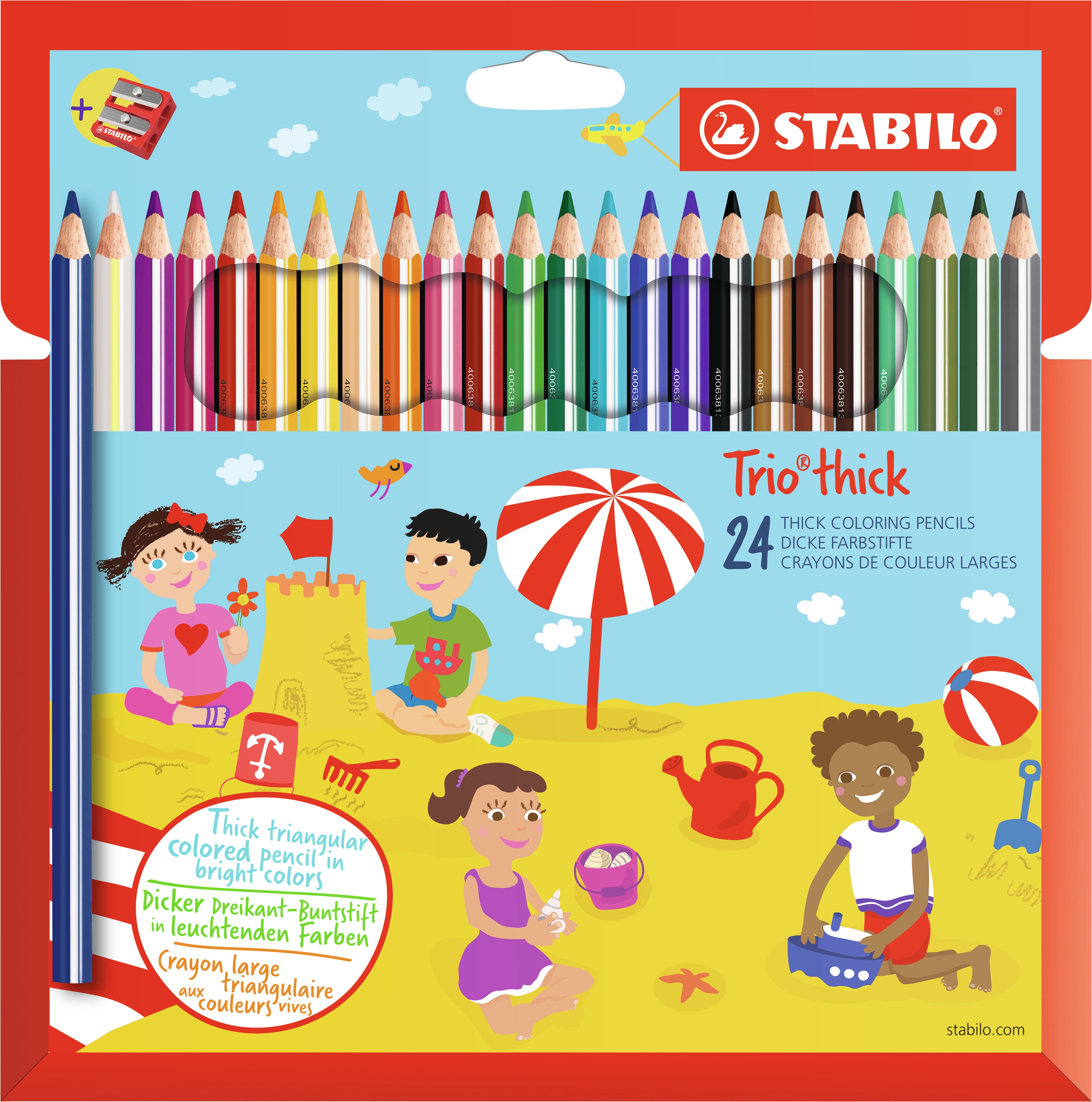 STABILO Buntstift Trio dick Mehrfarbig 24er Etui – mit Spitzer, dreikant, Strichbreite 4,2 mm