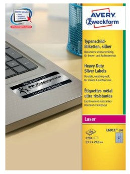 AVERY Zweckform L6011-100 – Etiketten A4 64 × 30 mm – silber – permanent haftend – 27 pro Blatt (2'700 Stk.)