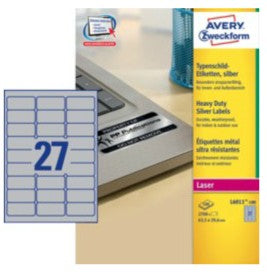 AVERY Zweckform L6011-100 – Etiketten A4 64 × 30 mm – silber – permanent haftend – 27 pro Blatt (2'700 Stk.)