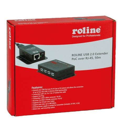 ROLINE USB-Verlängerung – USB zu USB über RJ-45, USB 2.0 (480 Mbit/s), 4× USB-A, bis 50 m – Schwarz