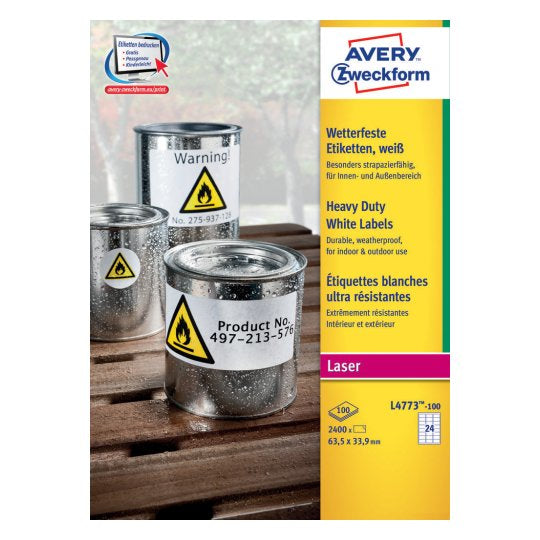 Avery L4773-100 – Etiketten A4 64 × 34 mm – Polyester – permanent haftend – Laser – 24/Blatt, 100 Blätter