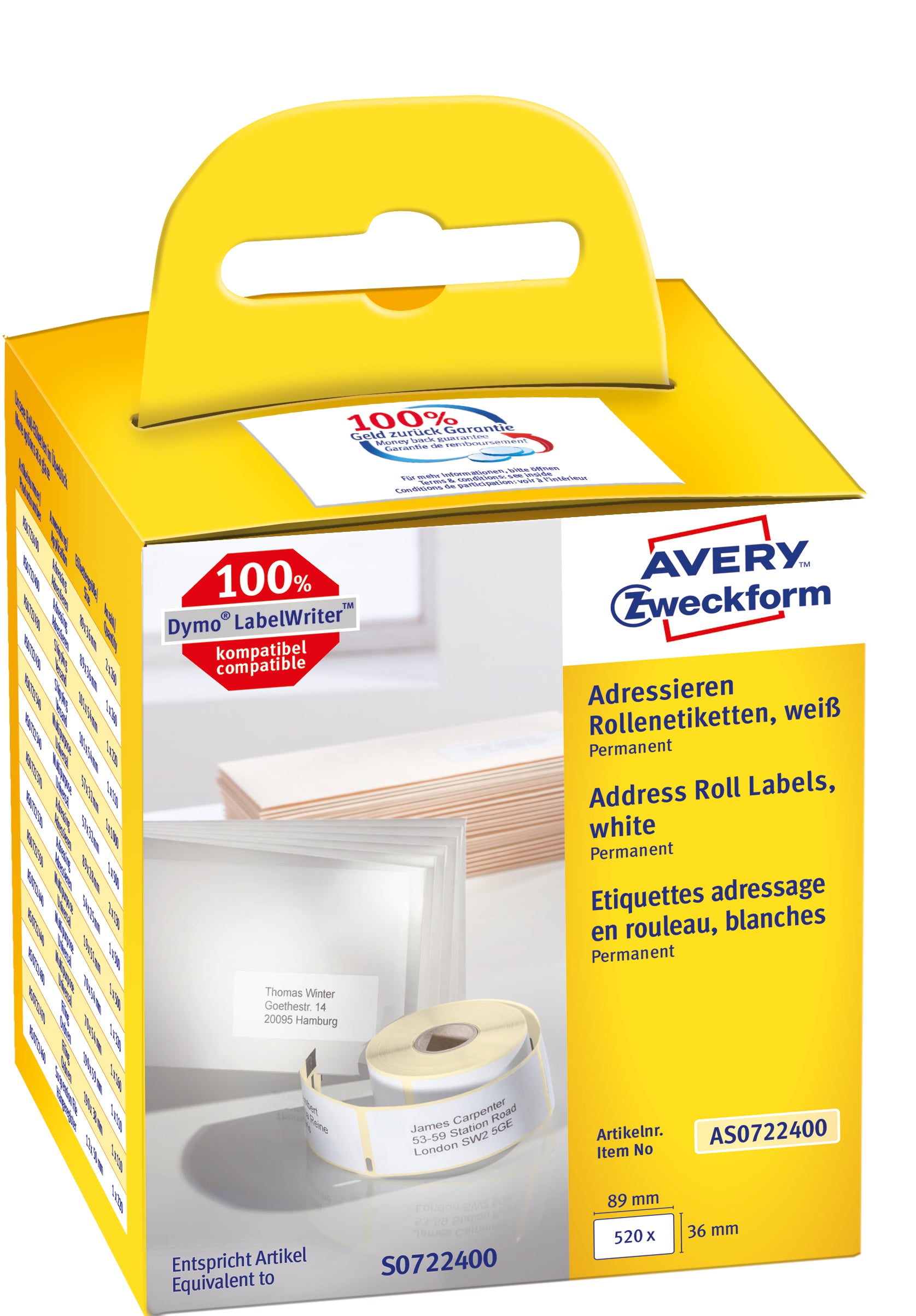 Avery Adress-Etiketten, 36 mm × 89 mm, weiss, Papier, permanent, für Dymo LabelWriter, Seiko SLP-2RLE