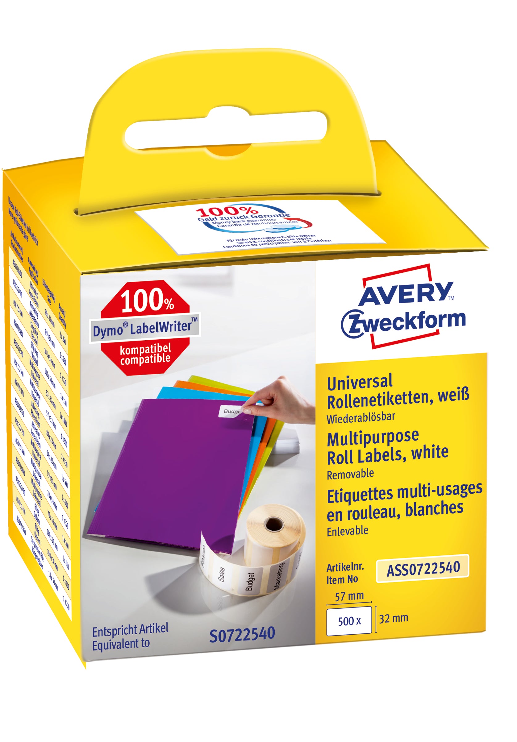 AVERY ZWECKFORM – Rollenetiketten, 32 mm × 57 mm, weiss, Papier, wiederablösbar, für Dymo, Seiko, 500 Stück