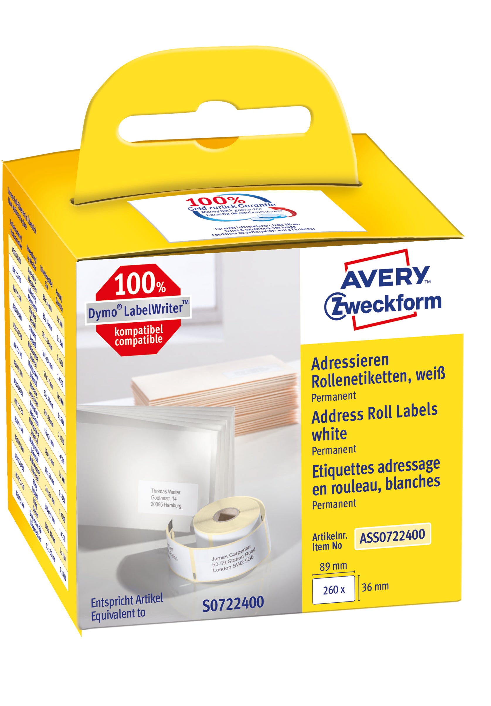 AVERY ZWECKFORM – Adress-Etiketten, 36 mm × 89 mm, weiss, permanent, für Dymo, Seiko, 260 Stück
