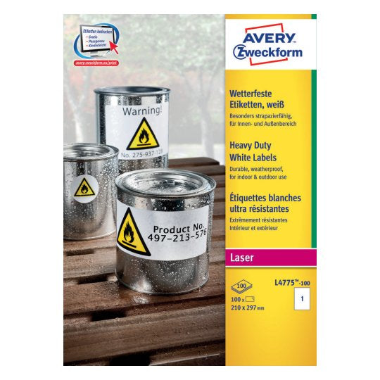 Avery Selbstklebende Etiketten, 210 mm × 297 mm, weiss, Folie, extra stark, 100 Blatt
