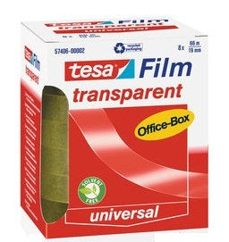 TESA Büro-Klebeband – permanent, klar, Kunststoff, 19 mm × 66 m, Kern Ø 76 mm