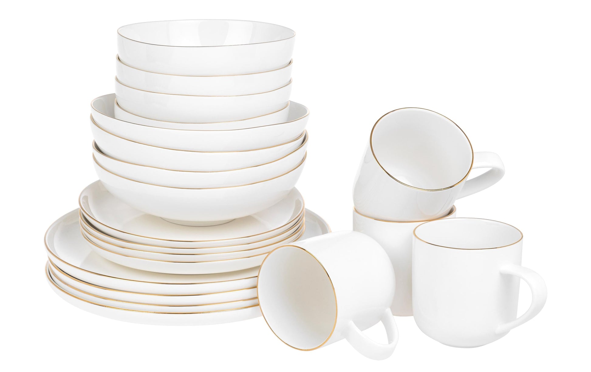 Furber. Furber Geschirrset – 20-teiliges Set, Ø 26,5 cm, Knochenporzellan, Weiss/Gold, spülmaschinenfest