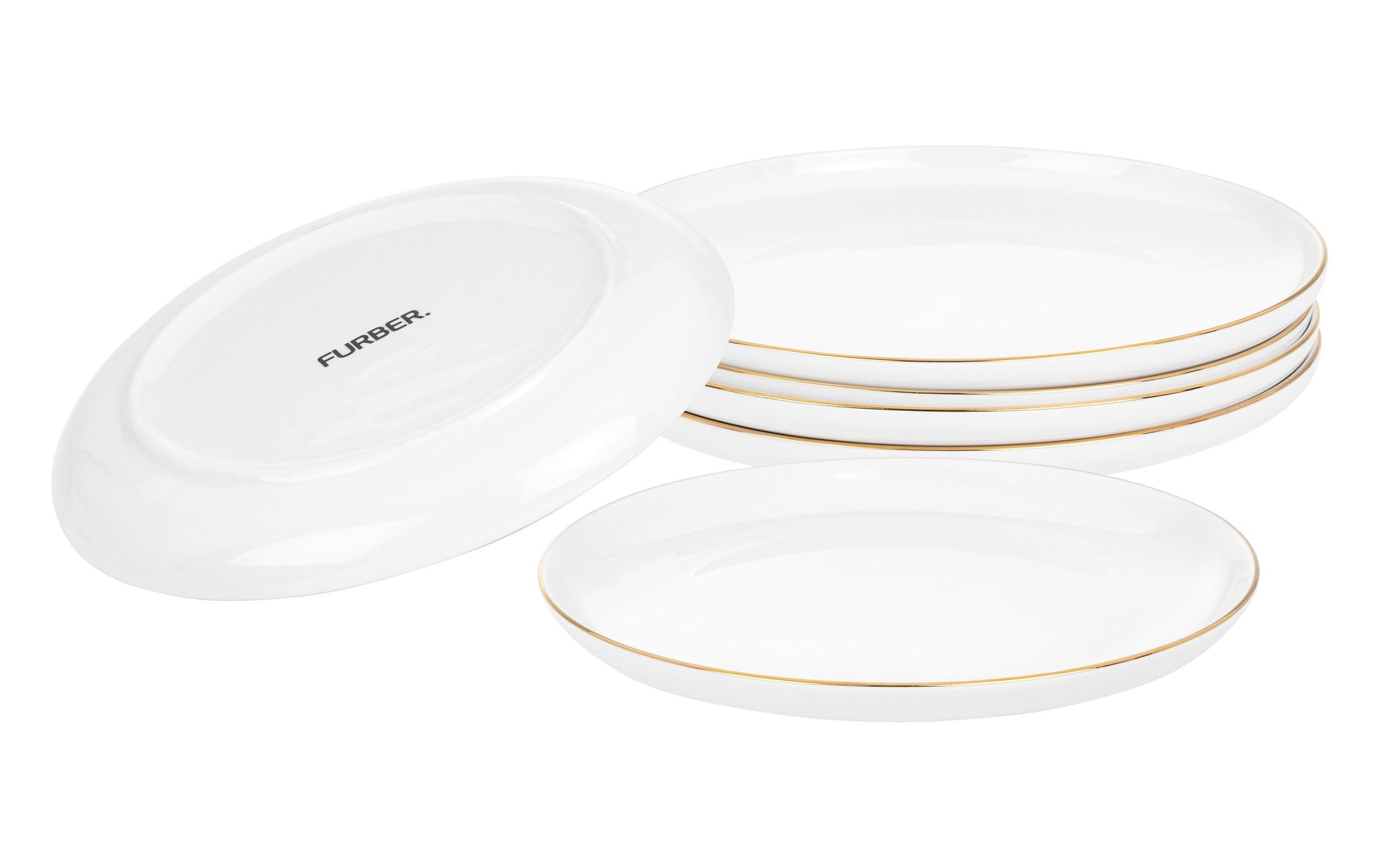 Furber. Furber Speiseteller – 6er Set, Ø 21 cm, Knochenporzellan, Weiss/Gold, spülmaschinenfest