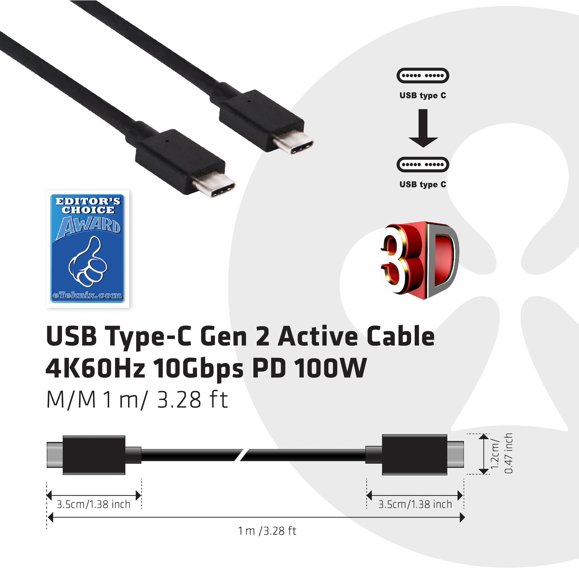 CLUB3D USB-C auf USB-C Kabel – USB 3.2 Gen 2 – 1 m – PD 100 W – Schwarz – für Windows, Mac, Chrome OS