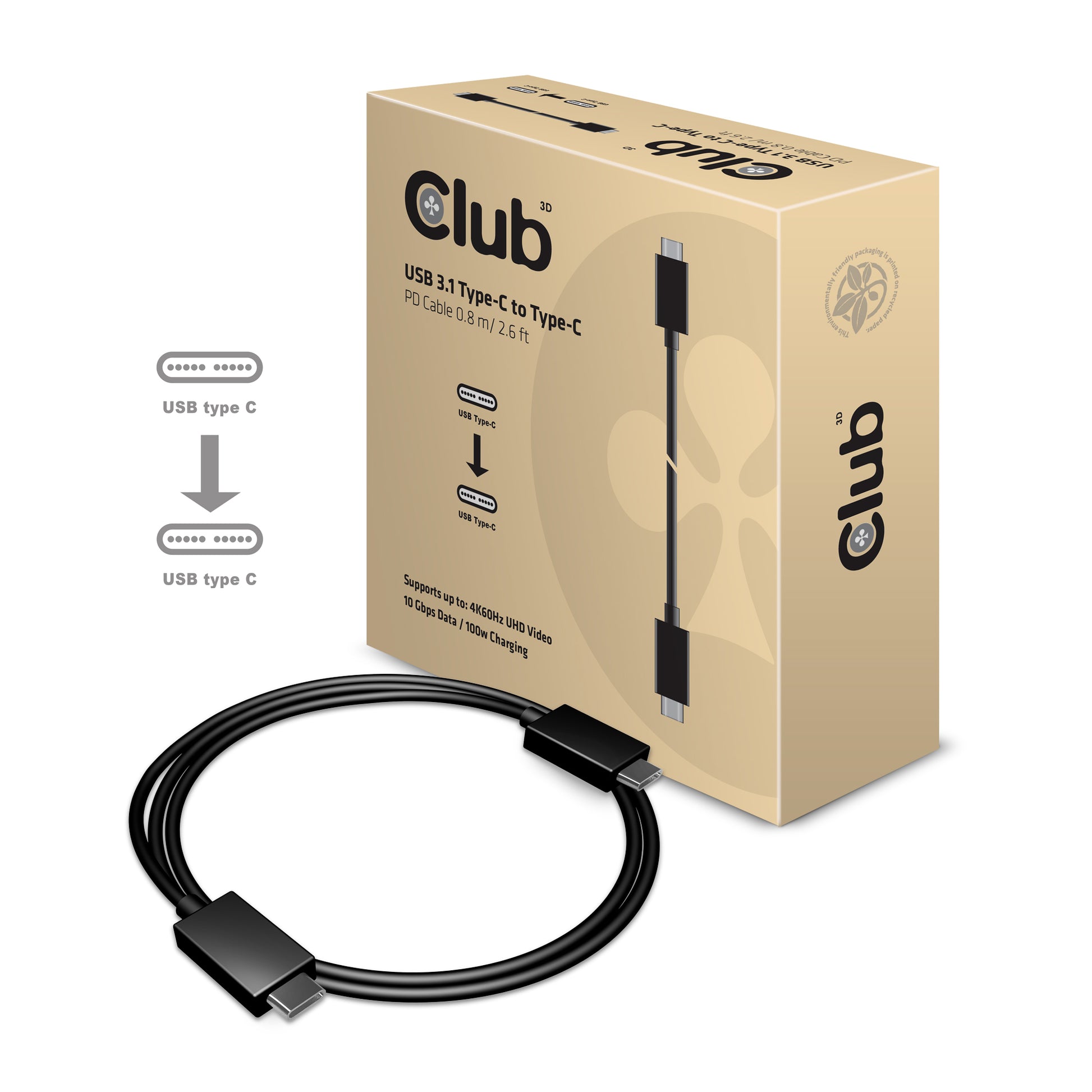 CLUB3D USB-C auf USB-C Kabel – USB 3.2 Gen 2 – 1 m – PD 100 W – Schwarz – für Windows, Mac, Chrome OS
