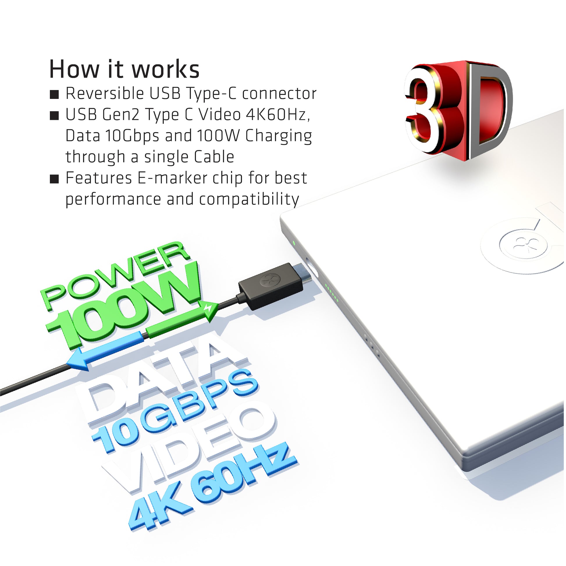 CLUB3D USB-C auf USB-C Kabel – USB 3.2 Gen 2 – 1 m – PD 100 W – Schwarz – für Windows, Mac, Chrome OS