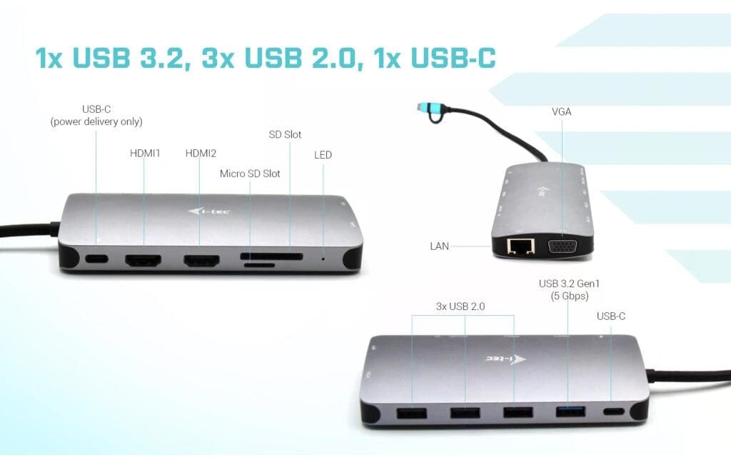 i-tec Metal Nano Dockingstation – USB-C, 2× HDMI, 1× VGA, 4× USB-A, 100 W PD, GbE, für Windows/Mac/Linux