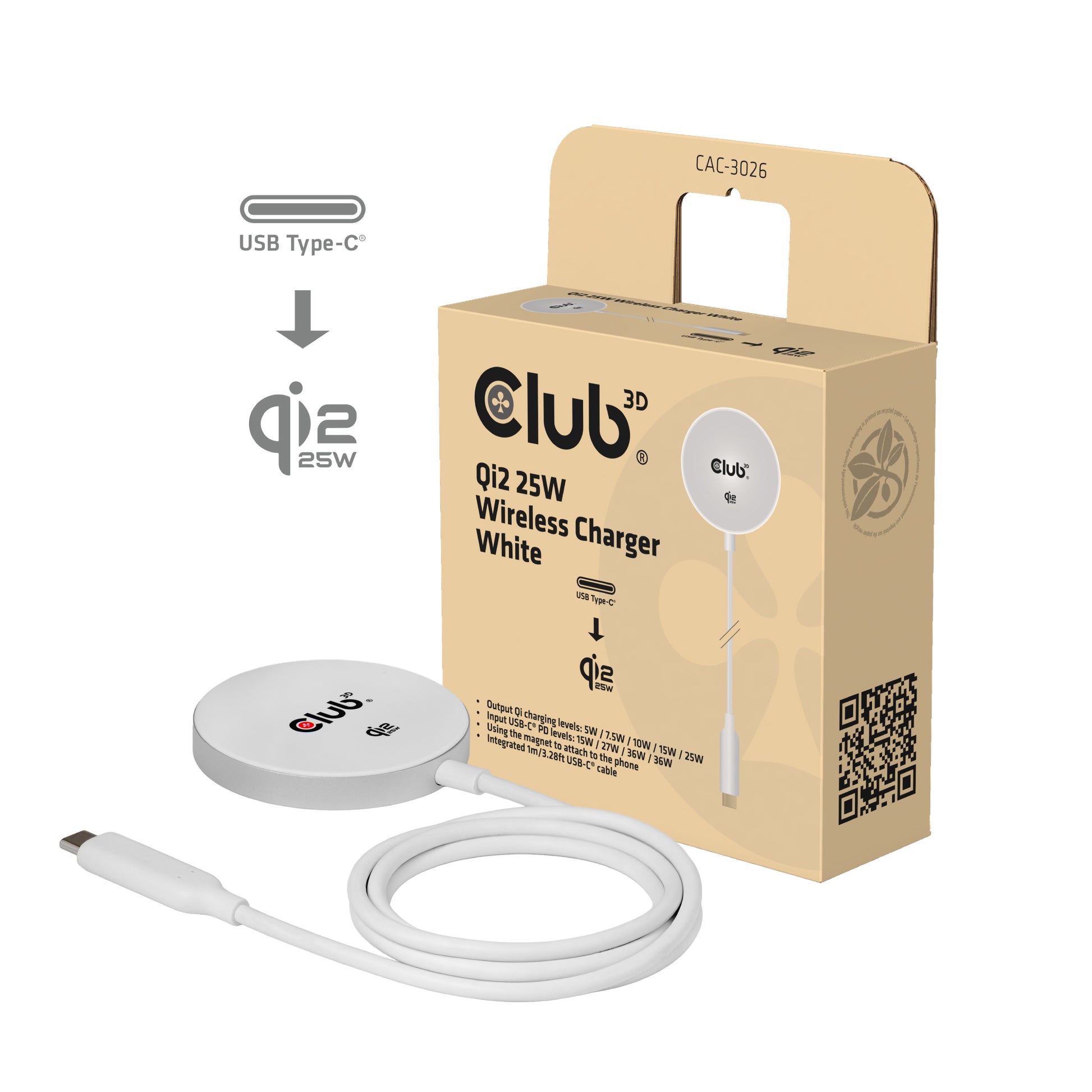 CLUB3D Club 3D CAC-3026 Kabelloses Ladegerät 25 W – Qi2, MagSafe-kompatibel – USB-C×1 – für Smartphones – Weiss