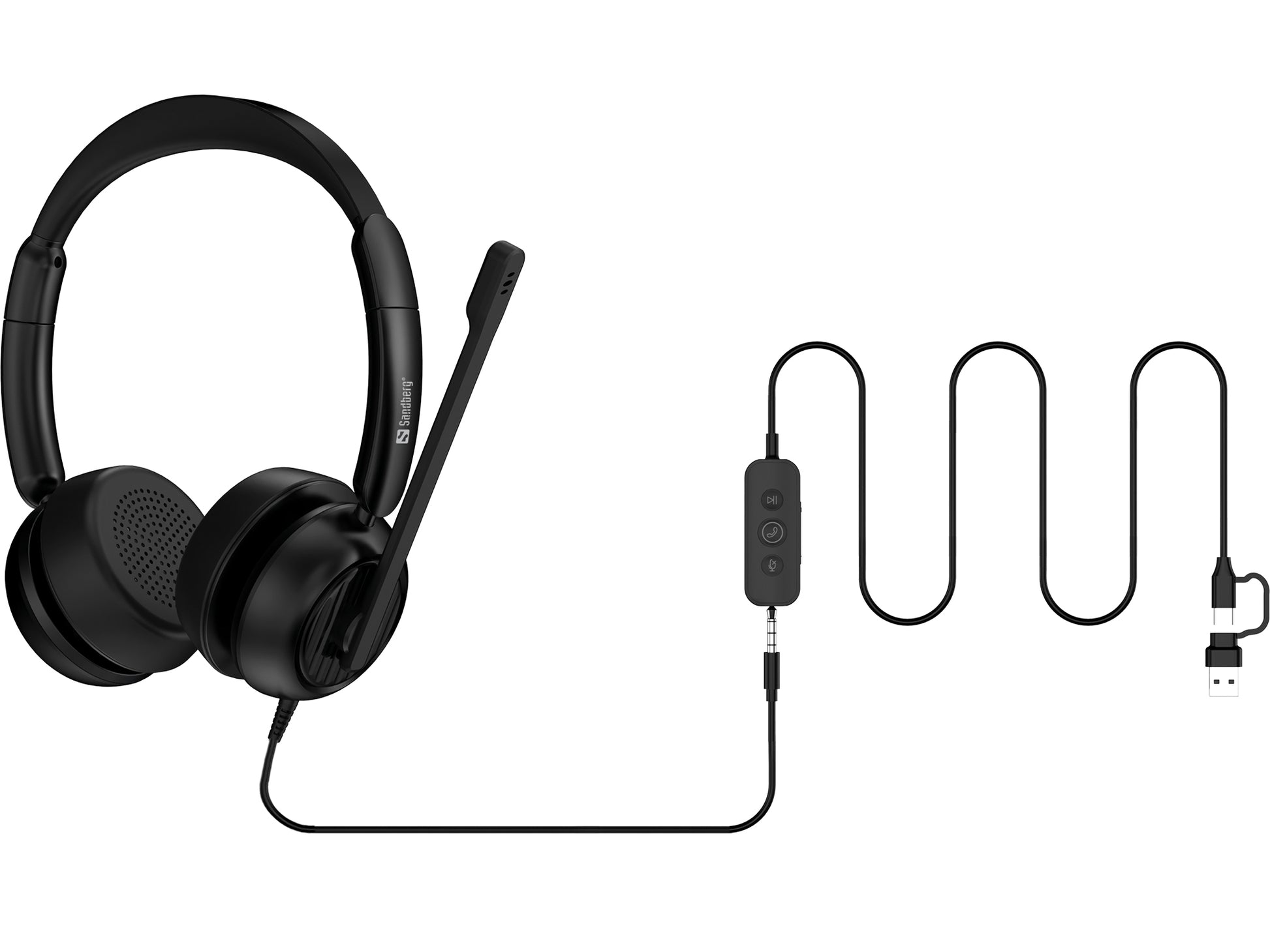 Sandberg 126-54 Office-Headset – On-Ear, Stereo, Kabel, 3,5 mm Klinke + USB-A/USB-C, Schwarz