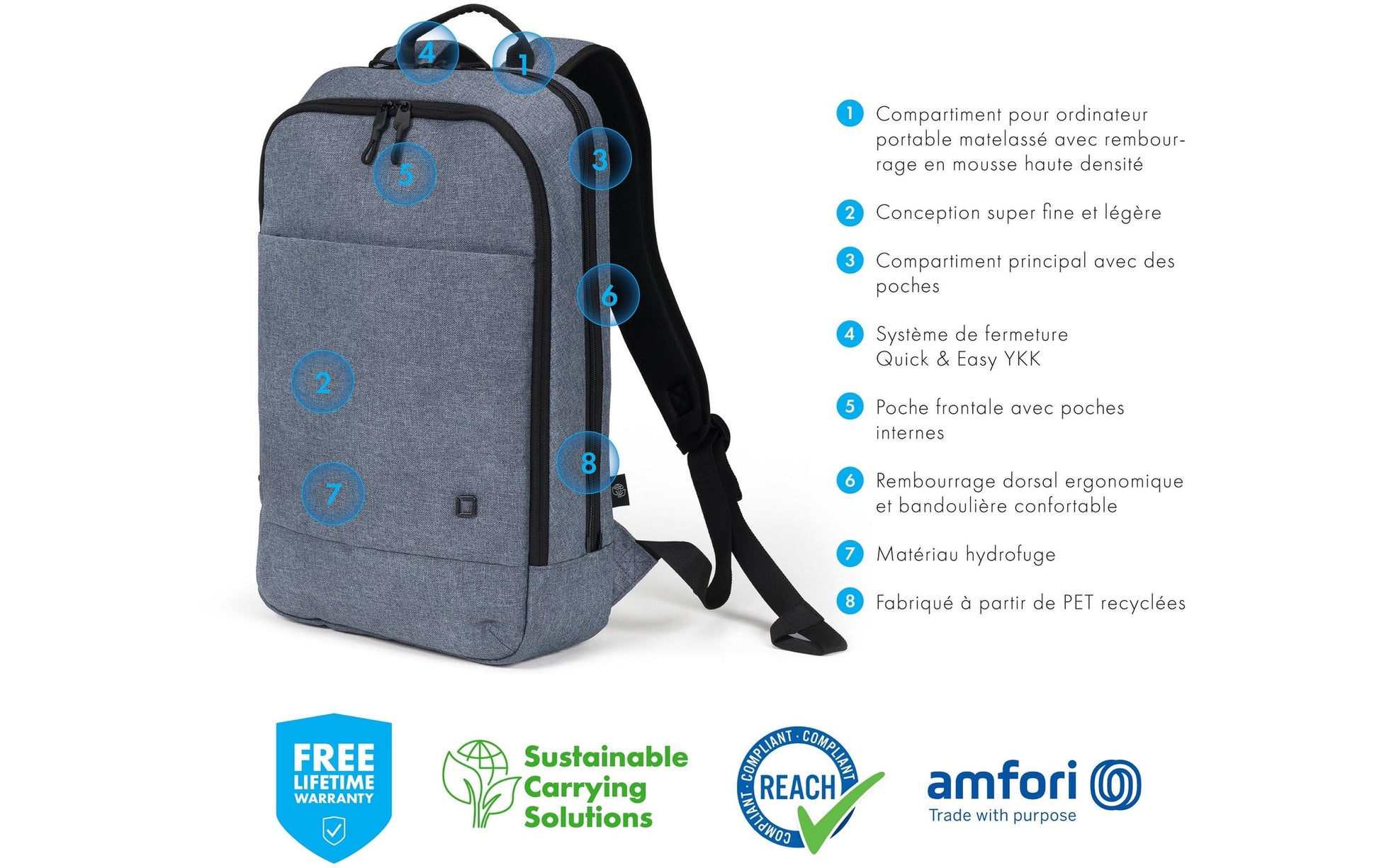 DICOTA Notebook-Rucksack Eco Backpack Slim MOTION – für 14,1", rPET-Polyester – Blue Denim, 270 × 410 × 100 mm
