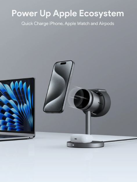 AUKEY MagFusion 3-in-1 Pro Ladestation – 15 W, Qi2, magnetisch – für iPhone 15-Serie, Apple Watch, AirPods