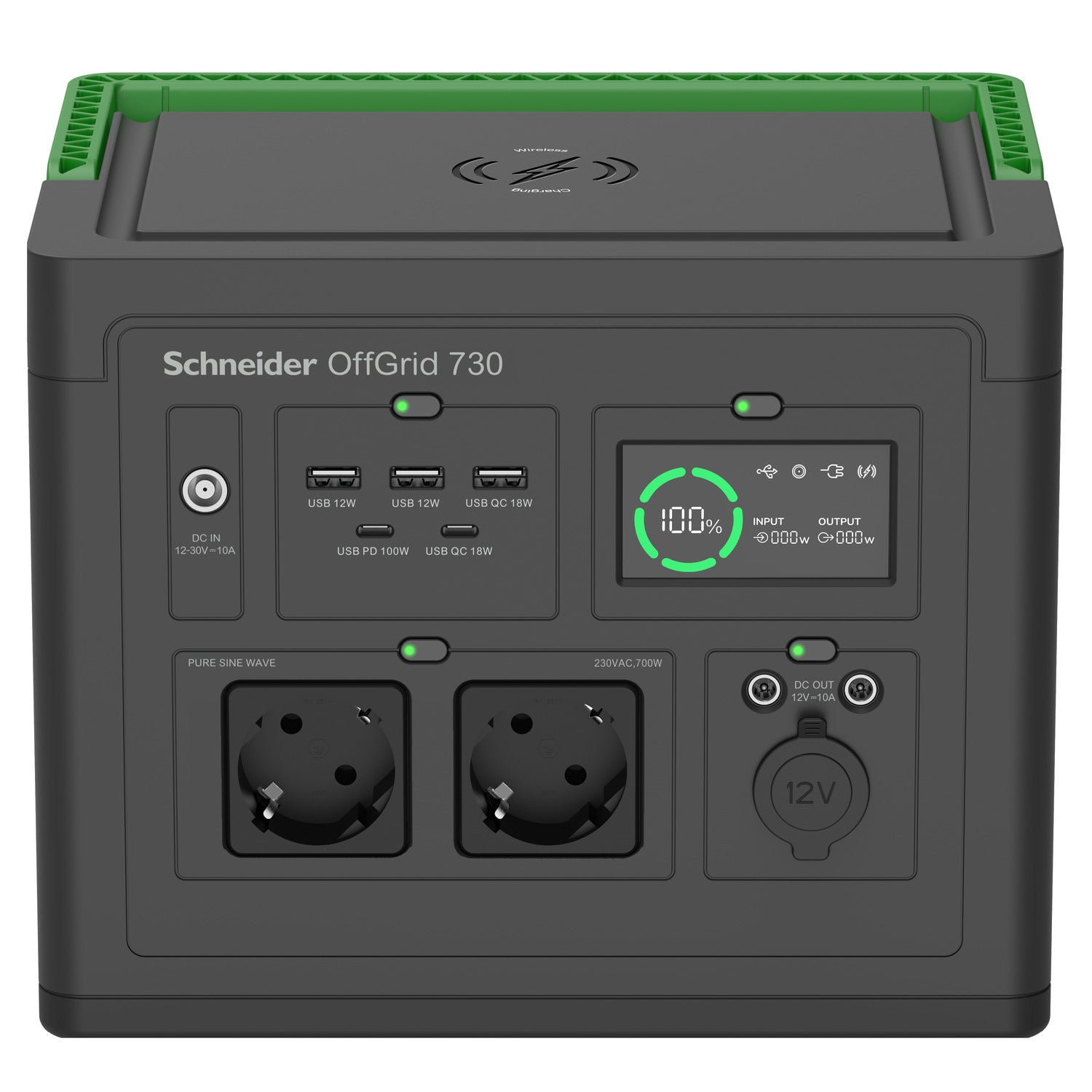 APC OffGrid 730 – Powerstation, 738 Wh, 700 W AC, Li‑Ion, 2× Schuko (Typ F), LCD, Kabelloses Laden