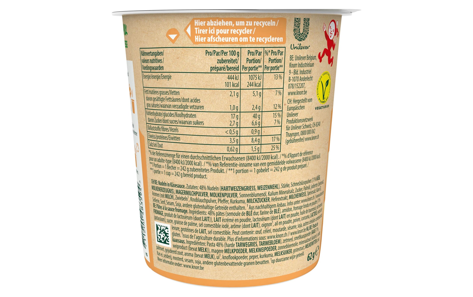 Knorr Pasta Snack, Käse, Vegetarisch, Becher – 62 g