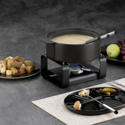 Kela Fondue-Set Roman – Ø 22,5 cm, Steingut, für Käsefondue, Gas, Schwarz, 6 Personen, 9 Teile